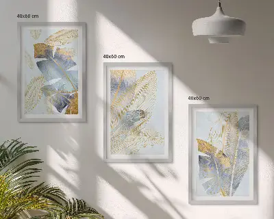 Hellblau-beige Blätter Bilder-Set 3er-Set mit Rahmen