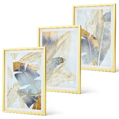 Hellblau-beige Blätter Bilder-Set 3er-Set mit Rahmen