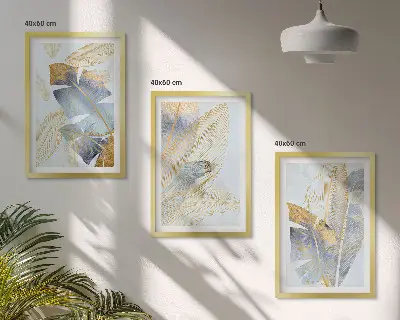 Hellblau-beige Blätter Bilder-Set 3er-Set mit Rahmen