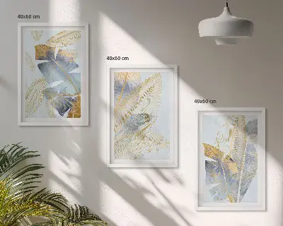 Hellblau-beige Blätter Bilder-Set 3er-Set mit Rahmen