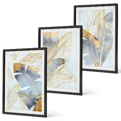Hellblau-beige Blätter Bilder-Set 3er-Set mit Rahmen