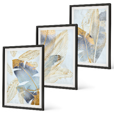 Bilder-3er-set mit rahmen Hellblau-beige Blätter