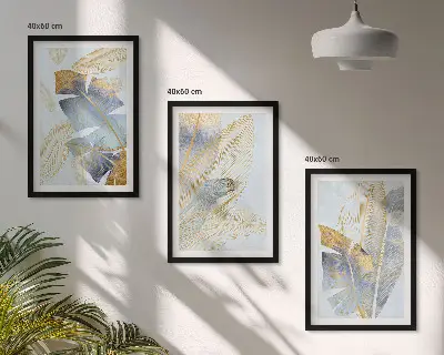Hellblau-beige Blätter Bilder-Set 3er-Set mit Rahmen