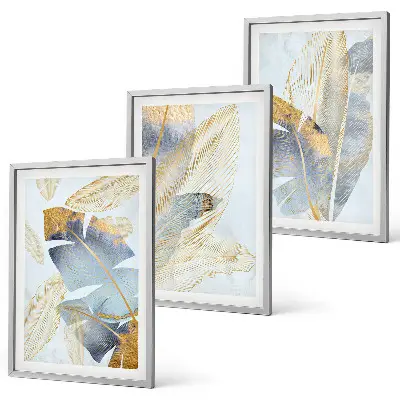 Hellblau-beige Blätter Bilder-Set 3er-Set mit Rahmen