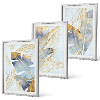 Bilder-3er-set mit rahmen Hellblau-beige Blätter