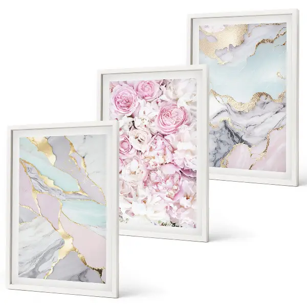 Bilder-3er-Set mit Rahmen rosa Blumen in Marmor-Optik mit Pastelltönen