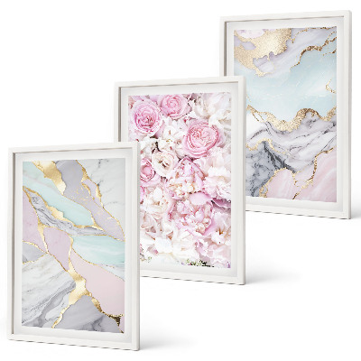 Bilder-3er-set mit rahmen Rosa Blumen Marmor Pastell