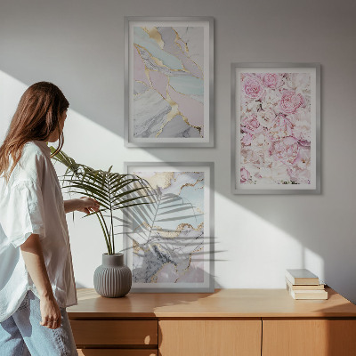 Bilder-3er-set mit rahmen Rosa Blumen Marmor Pastell
