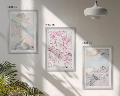 Bilder-3er-Set mit Rahmen rosa Blumen in Marmor-Optik mit Pastelltönen