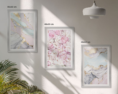 Bilder-3er-set mit rahmen Rosa Blumen Marmor Pastell
