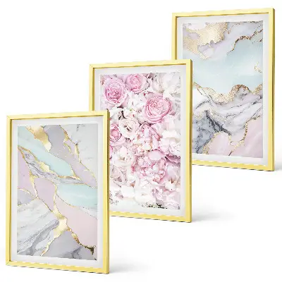 Bilder-3er-Set mit Rahmen rosa Blumen in Marmor-Optik mit Pastelltönen