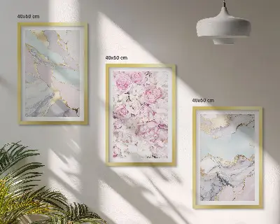 Bilder-3er-Set mit Rahmen rosa Blumen in Marmor-Optik mit Pastelltönen