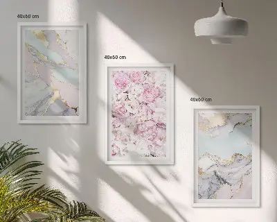 Bilder-3er-Set mit Rahmen rosa Blumen in Marmor-Optik mit Pastelltönen