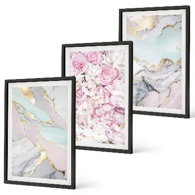 Bilder-3er-Set mit Rahmen rosa Blumen in Marmor-Optik mit Pastelltönen