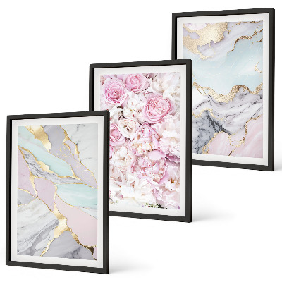 Bilder-3er-set mit rahmen Rosa Blumen Marmor Pastell