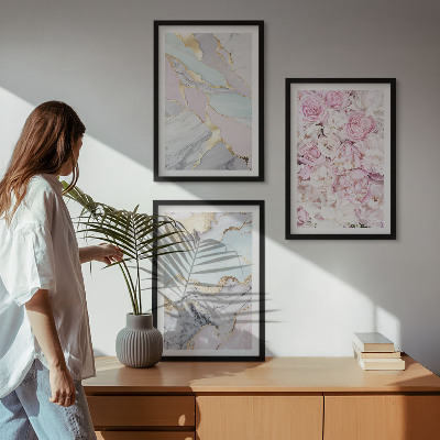 Bilder-3er-set mit rahmen Rosa Blumen Marmor Pastell