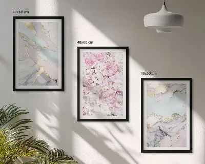 Bilder-3er-Set mit Rahmen rosa Blumen in Marmor-Optik mit Pastelltönen