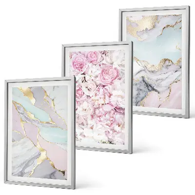 Bilder-3er-Set mit Rahmen rosa Blumen in Marmor-Optik mit Pastelltönen