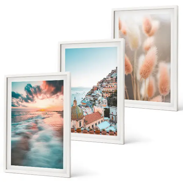 3er-Set Bilder mit Rahmen Sonnenuntergang am Meer mit Häusern und Blumen