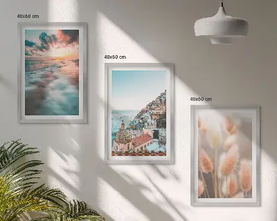 3er-Set Bilder mit Rahmen Sonnenuntergang am Meer mit Häusern und Blumen