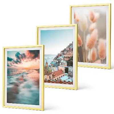 3er-Set Bilder mit Rahmen Sonnenuntergang am Meer mit Häusern und Blumen