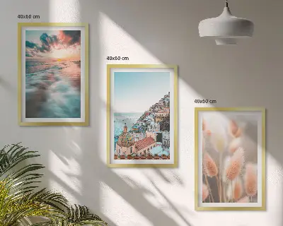 3er-Set Bilder mit Rahmen Sonnenuntergang am Meer mit Häusern und Blumen