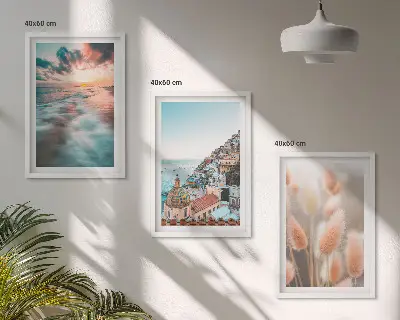 3er-Set Bilder mit Rahmen Sonnenuntergang am Meer mit Häusern und Blumen