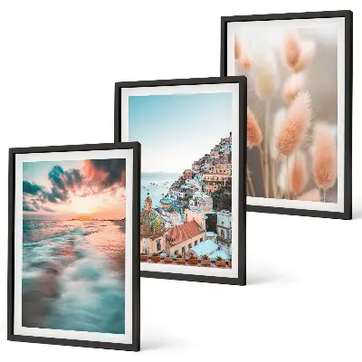 3er-Set Bilder mit Rahmen Sonnenuntergang am Meer mit Häusern und Blumen