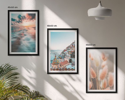 Bilder-3er-set mit rahmen Sonnenuntergang am Meer, Häuser, Blumen