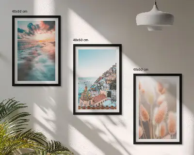 3er-Set Bilder mit Rahmen Sonnenuntergang am Meer mit Häusern und Blumen
