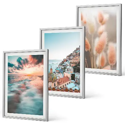 3er-Set Bilder mit Rahmen Sonnenuntergang am Meer mit Häusern und Blumen