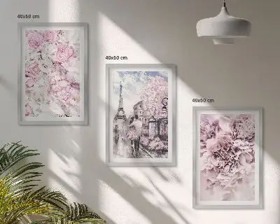 Gerahmtes Bilderset mit Blumenlandschaft in Rosatönen