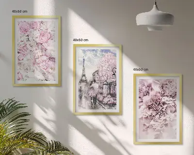 Gerahmtes Bilderset mit Blumenlandschaft in Rosatönen