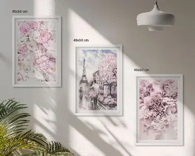 Gerahmtes Bilderset mit Blumenlandschaft in Rosatönen
