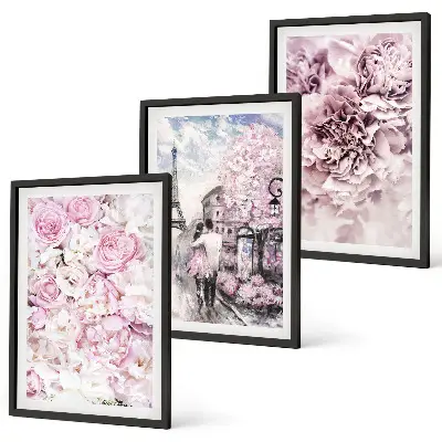 Gerahmtes Bilderset mit Blumenlandschaft in Rosatönen
