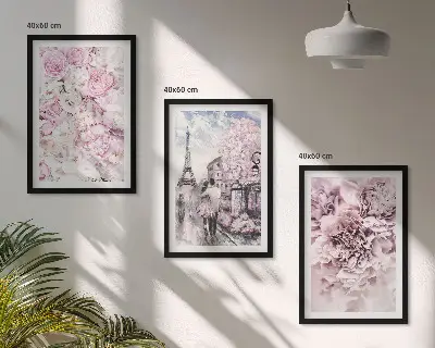Gerahmtes Bilderset mit Blumenlandschaft in Rosatönen