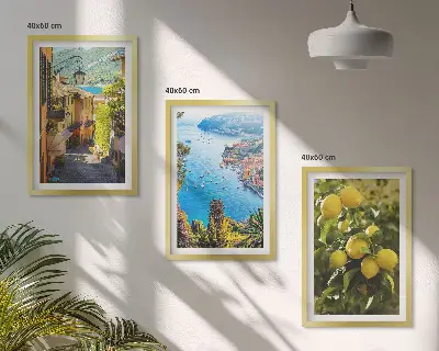 Bilder-3er-Set mit Rahmen mit dem Motiv Straßen am Meer, ein Meer aus Zitronen