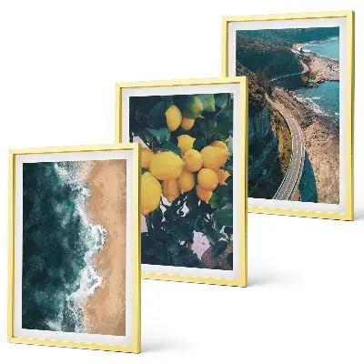 Gerahmtes Bilderset mit Motiven von Meer Strand Zitronen und Bergen