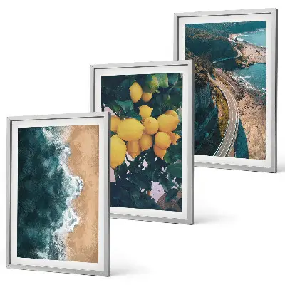Gerahmtes Bilderset mit Motiven von Meer Strand Zitronen und Bergen