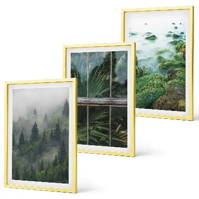 3er-Set Bilder mit Rahmen Waldnebel, Flussufer und Gewächshaus