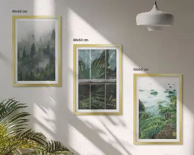 3er-Set Bilder mit Rahmen Waldnebel, Flussufer und Gewächshaus