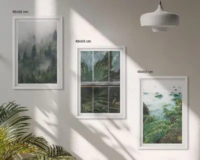 3er-Set Bilder mit Rahmen Waldnebel, Flussufer und Gewächshaus