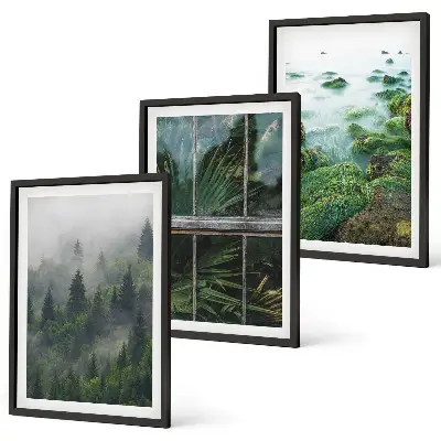 3er-Set Bilder mit Rahmen Waldnebel, Flussufer und Gewächshaus
