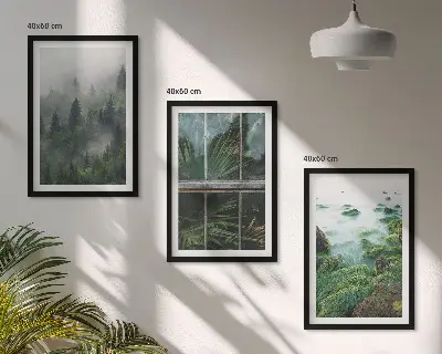 3er-Set Bilder mit Rahmen Waldnebel, Flussufer und Gewächshaus