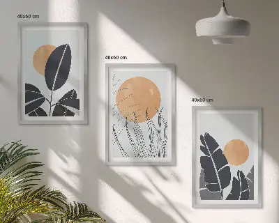 Gerahmtes Bilderset mit minimalistischem Sonnen und Pflanzenmuster