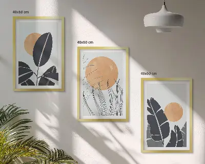 Gerahmtes Bilderset mit minimalistischem Sonnen und Pflanzenmuster