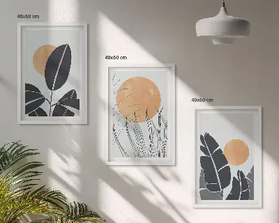 Gerahmtes Bilderset mit minimalistischem Sonnen und Pflanzenmuster