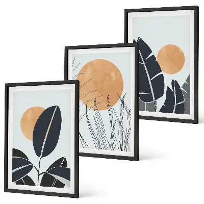 Gerahmtes Bilderset mit minimalistischem Sonnen und Pflanzenmuster