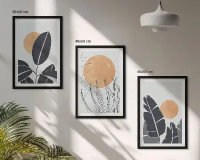 Gerahmtes Bilderset mit minimalistischem Sonnen und Pflanzenmuster