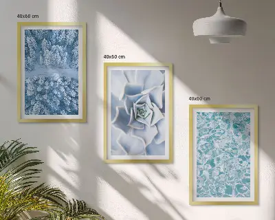 Bilder-3er-Set mit Rahmen Winterwald mit blauer Blume und Wasser